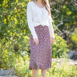 Brown Elastic Waist Floral Straight Hem Skirt NEW